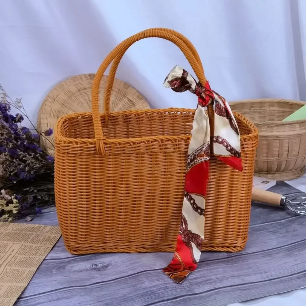 Home Storage Organizer Rattan Woven Basket With Handle Portable Picnic Basket Handwoven Rectangular Flower Basket Fruit 5