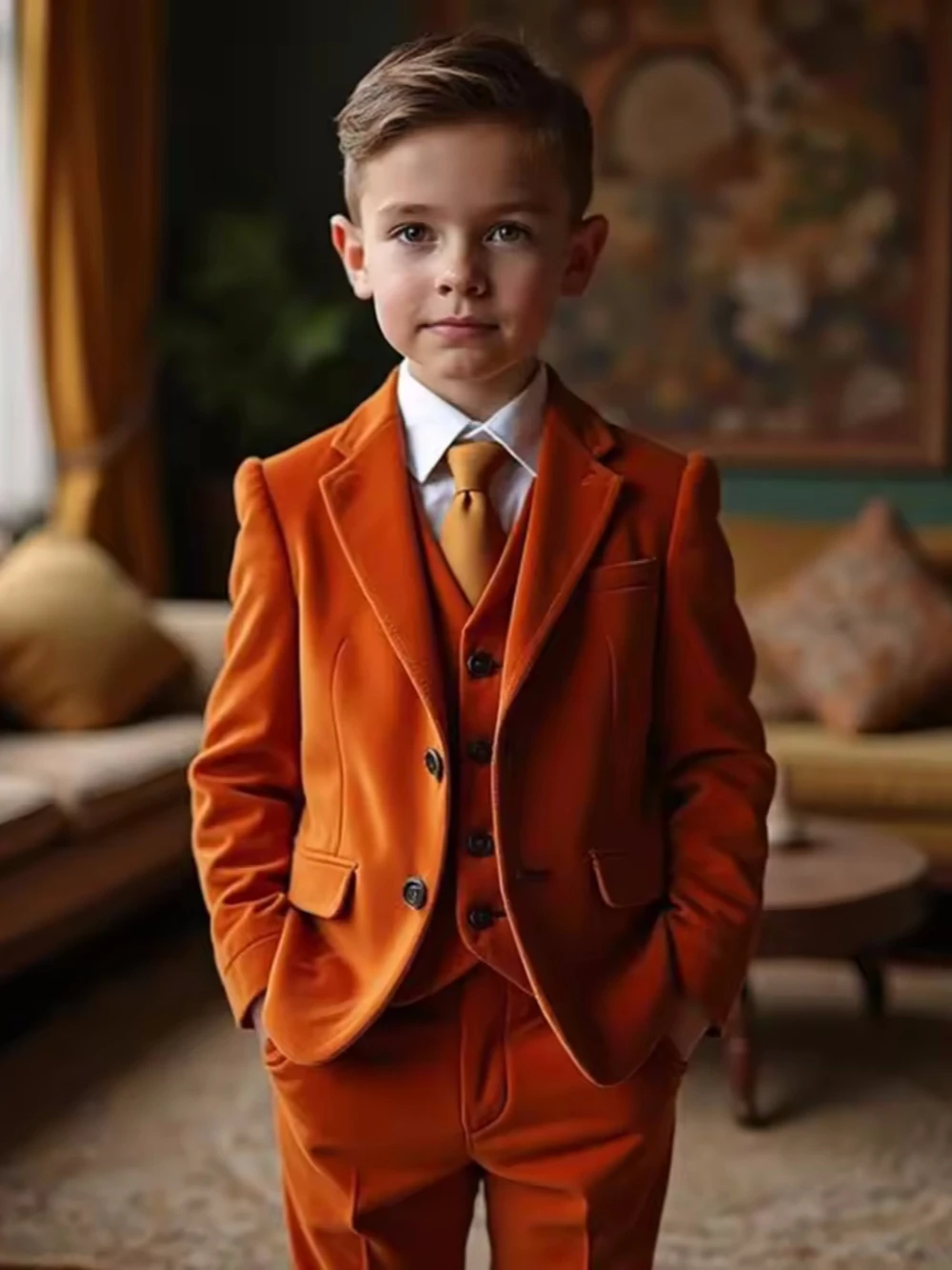 Velvet Boys Suits 3 Pieces Piano Performance Wear Notched Lapel Kids Suit Set Wedding Outfit