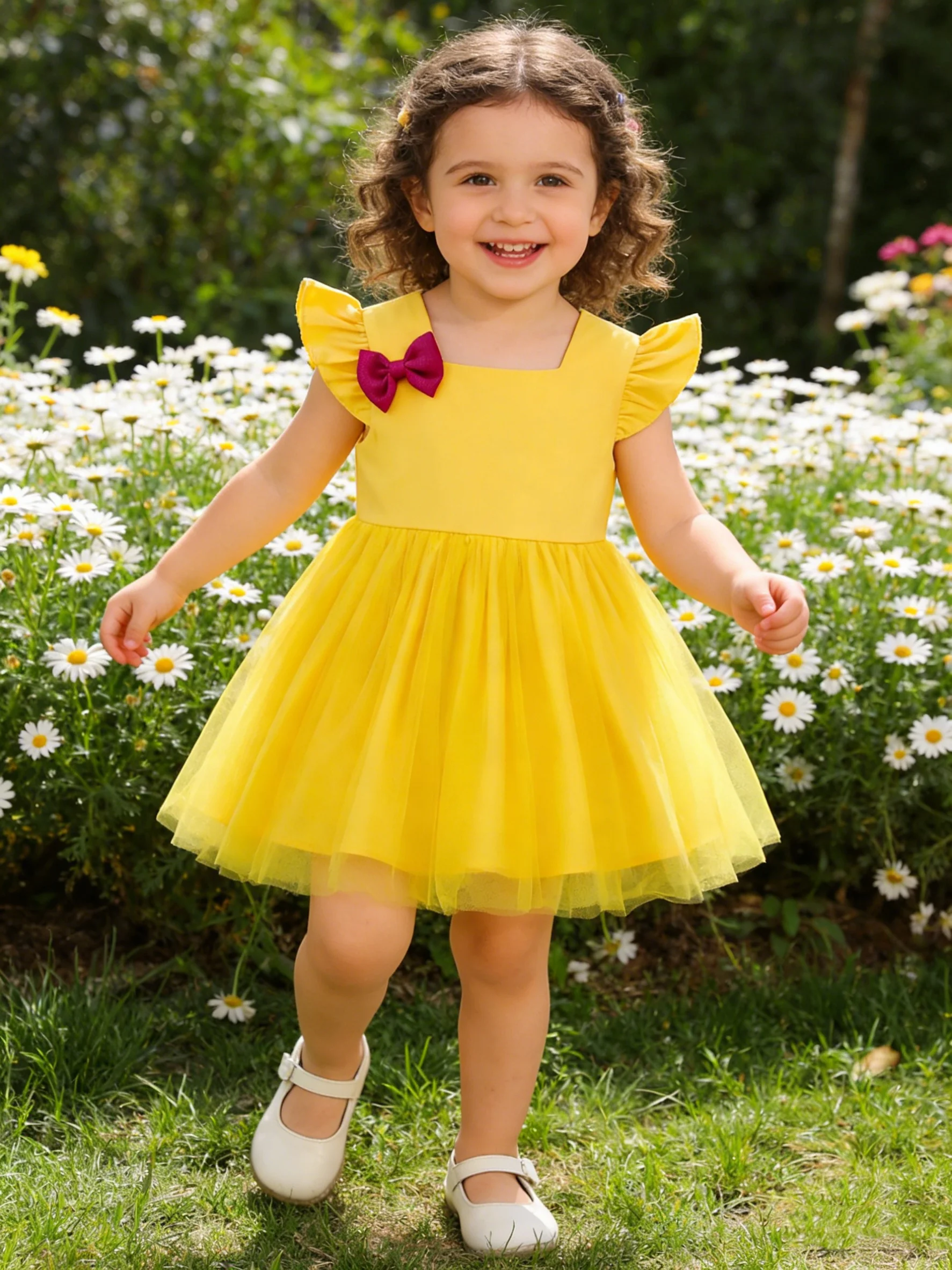 Sommerlicher gelber Prinzessinnenrock für Babymädchen mit Schmetterlingsknoten, eckigem Kragen und bauschigem Tüllrock für Kleinkinder