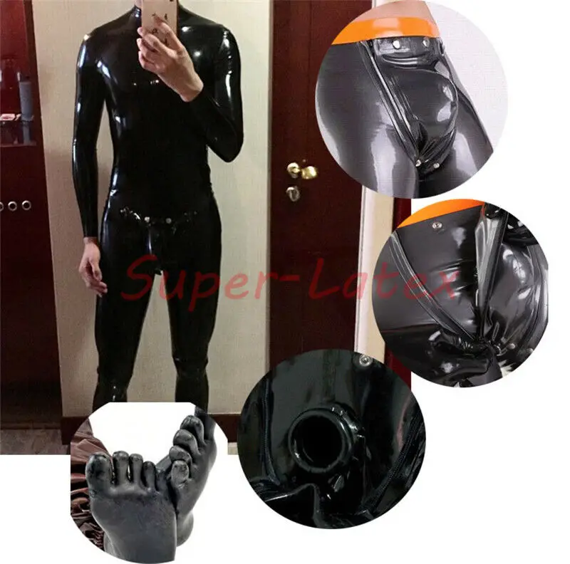 

Black men latex catsuit with toes ring crotch hole with codpiece no gloves