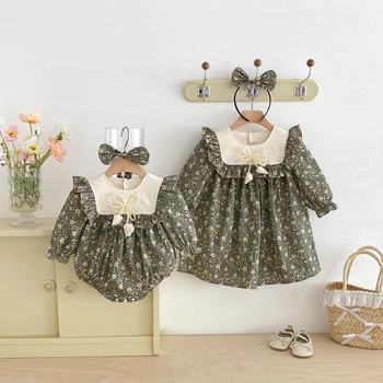 Tutina Casual Primaverile 2026 per Neonata con Fiocco e Colletto a Balze, Abito Intero Verde a Maniche Lunghe a Sbuffo per Bambine