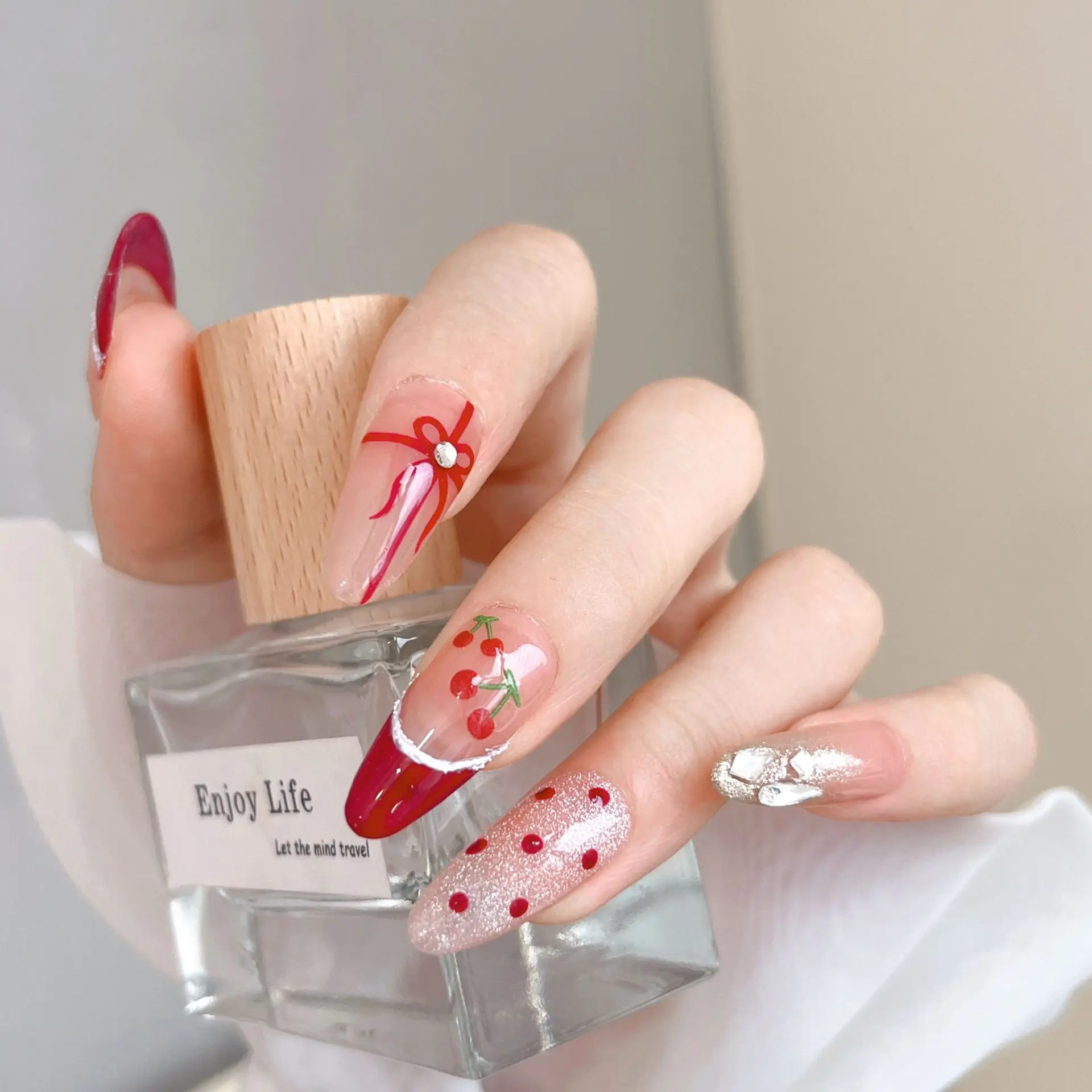 Kawaii Cherry Bow Nail Stickers 1 Piece 5D Fruit Design Adhesive Decorative nail stickers Nail Art