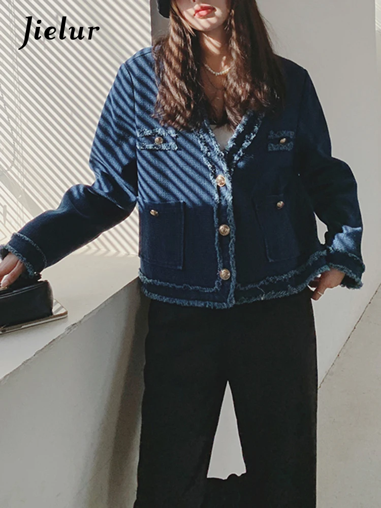 

Jielur Ins French Autumn New Street Women Jackets Casual Fashion Loose Chicly Jackets Woman Blue Slim Basic Simple Coats Female