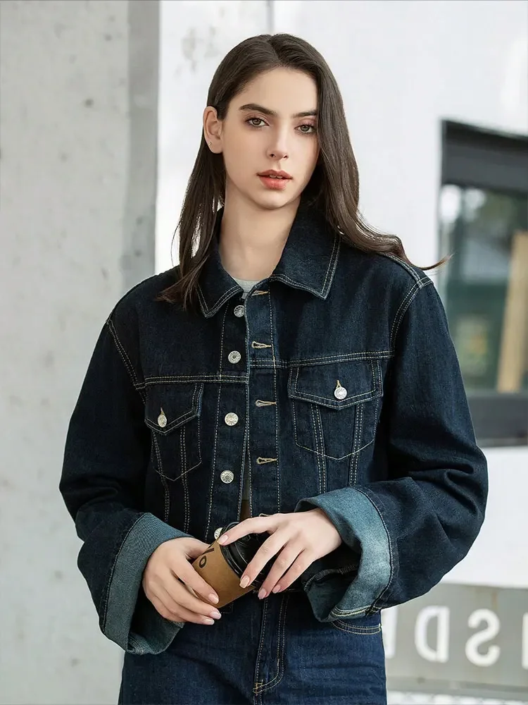 HH Women Vintage Denim Jacket Single Breasted Lapel Long Sleeve Coat With Pockets Dark Blue Denim Jacket Fashion High Street Top