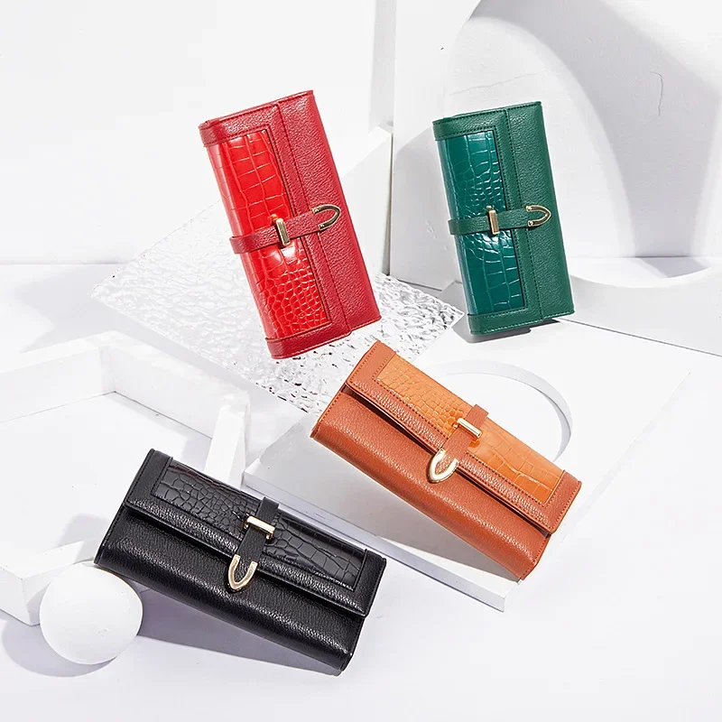 

Новый длинный кошелек тройного сложения в европейском и американском стиле с пряжкой и крокодиловым принтом женский кошелек простая Ретро-Мода с перекрестными краями