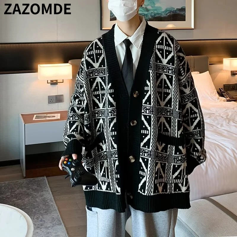 

ZAZOMDE Winter Black Retro Plaid Love O-neck Knitted Sweater Button Jumpers Loose Couple Cardigan Korean Harajuku Sweater Men