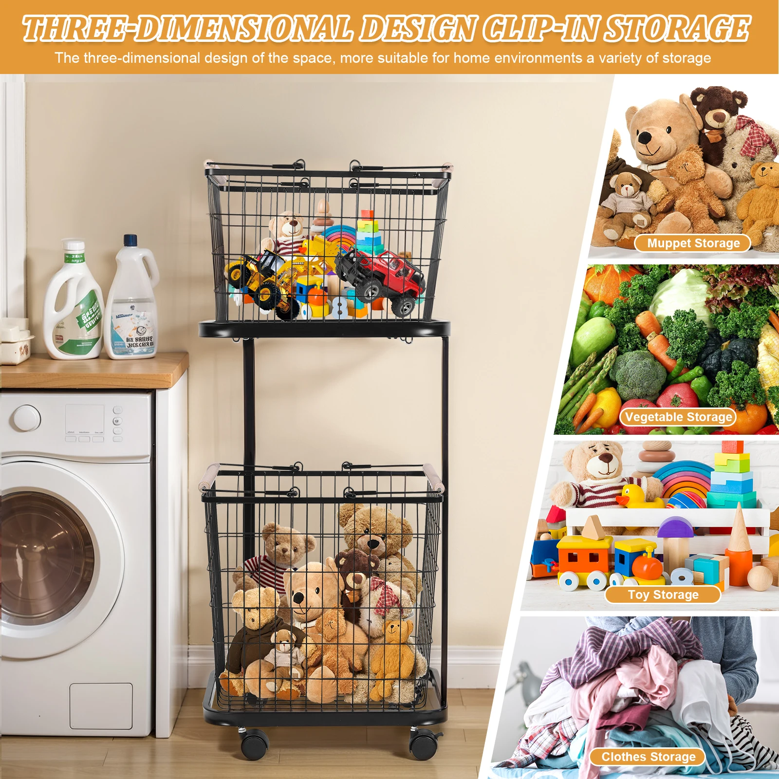 2 Tier Metal Storage Cart with Wheels Wire Laundry Hamper Cart Laundry Hamper Trolley for Laundry Room Bathroom Bedroom