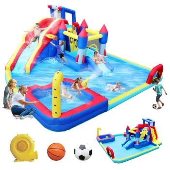 10 in1 Inflatable slide water park bouncing house garden with splash pool & water gun & basketball & climbing wall & dual pools 1