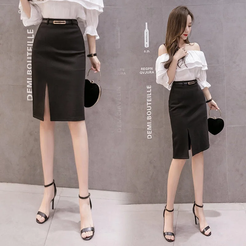 Faldas Para Mujeres Fall Party Elegant Office Skirt for Women Work Split Hip Sexy Skirts Black High Waist Streetwear with Belt