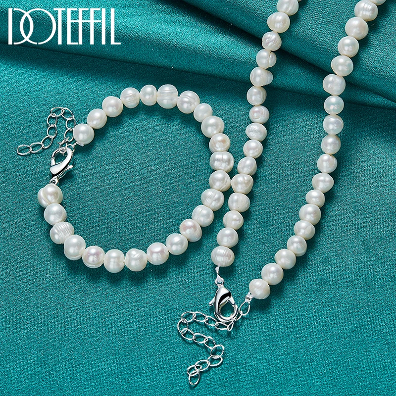 

DOTEFFIL 2pcs 8mm Natural Pearl Beaded Chain 925 Silver Buckle Necklace Bracelet Set For Women Wedding Engagement Party Jewelry
