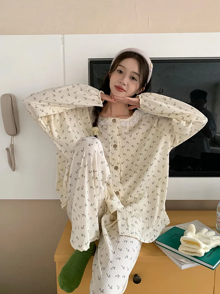Sweet Printed Lace Collar Home Suit For Women Spring New Long Sleeved Pants 2Pcs Pajamas Casual Cardigan Female Home Sleepwear