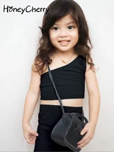 

HoneyCherry Summer new Sets for girls solid color one-shoulder cotton vest + shorts two-piece set muslin clothes for children