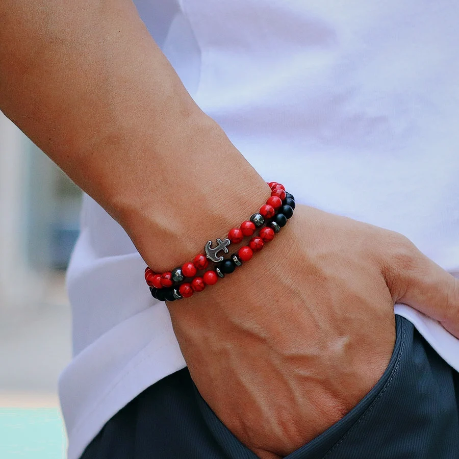 Natural Howlite Tiger Eyes Stone Anchor Bracelet For Men