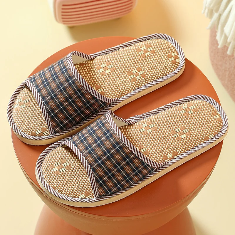 Summer Eva Soft Sole Linen Indoor Slippers For Men Women Simple Non-slip Wooden Floor Slides Comfort Plaid Home Slipper Shoes 5