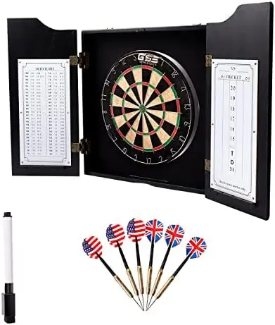 

Professional Solid Wood Classic Dartboard Cabinet with Sisal/Bristle Dartboard, Dart Scoreboard, and 6 Steel Tip Darts, Easy Ass