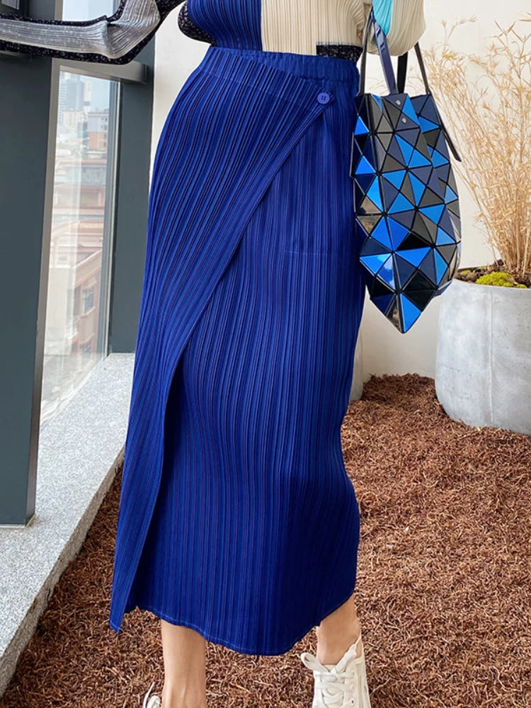 Faldas elegantes de cintura alta para mujer, Falda plisada de color verde liso y azul a la moda, falda larga con pliegue Irregular| | - AliExpress