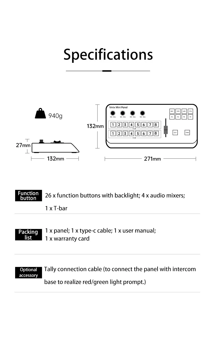 TYST Video Vmix Mini Pro Switcher BDM Control Panel MIDI2.0 Video Recording Swit