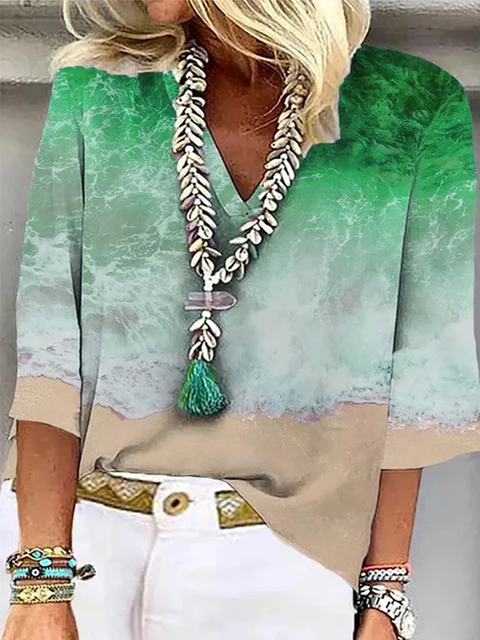 Plus Size 5XL 2025 New Summer Casual Tee Shirt Women's V Neck Tops Loose Size Short Sleeve Wave Print Pullover Fashion T-shirt