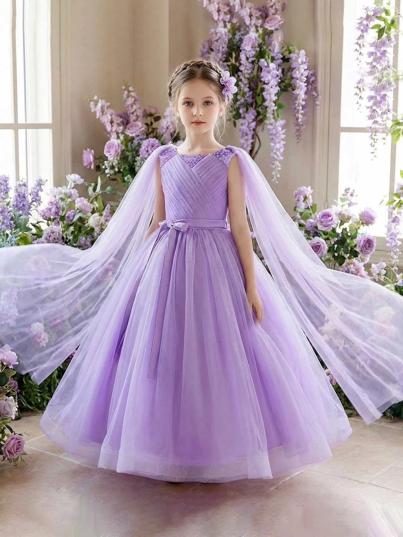 Elegant Purple Tween Girl's Formal Gown with Flowing Veil and Bow Decoration