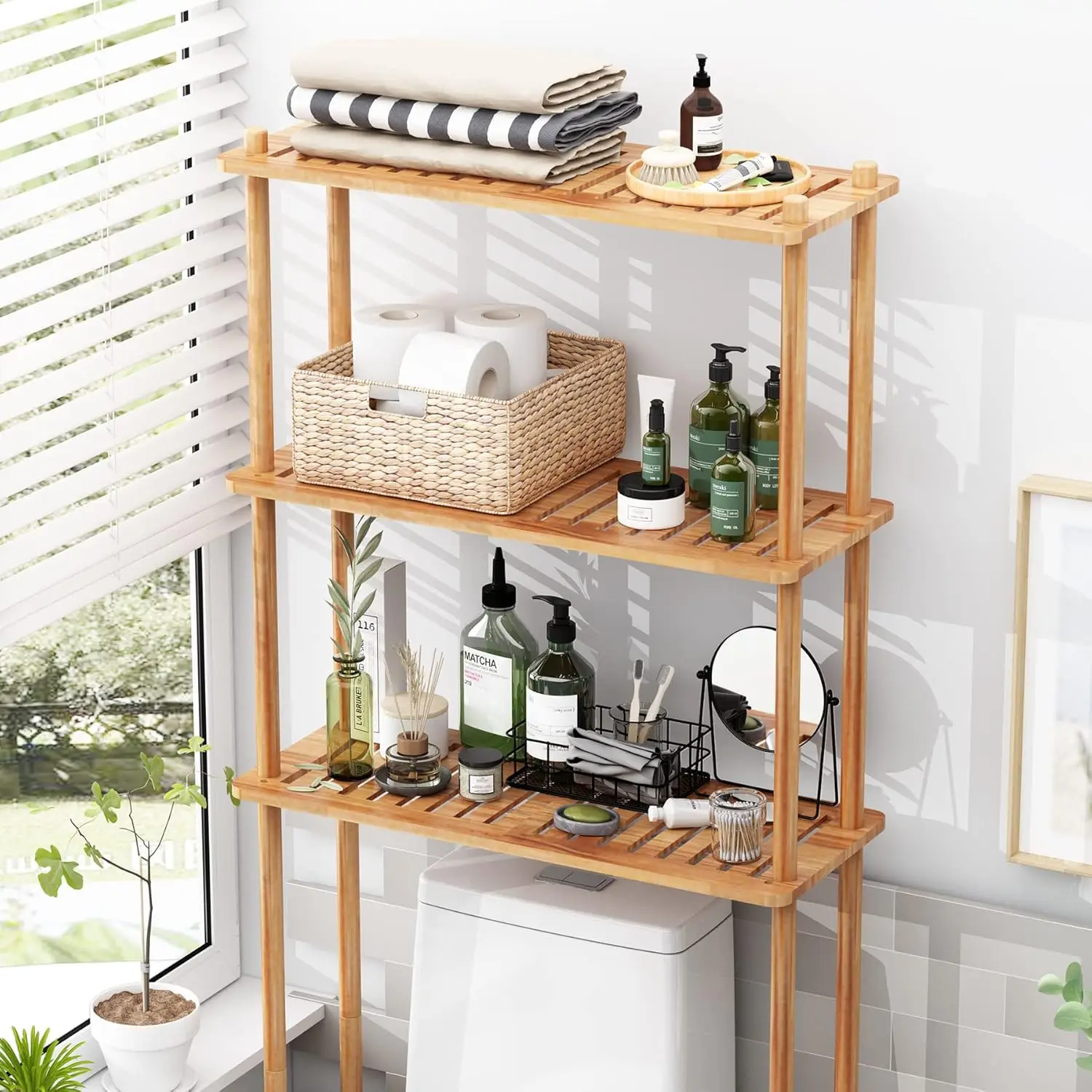 Over Toilet Storage Shelf. 3-Tier Bamboo Organizer. Freestanding. Bathroom, Laundry. Space Saver. Natural Color.