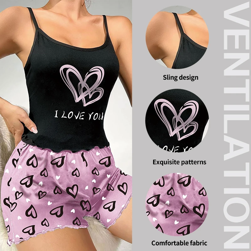 Women's Milk Silk Pajamas Set Summer Sleeveless Heart Print Shorts Sleepwear Sexy Comfortable Loungewear Two Piece