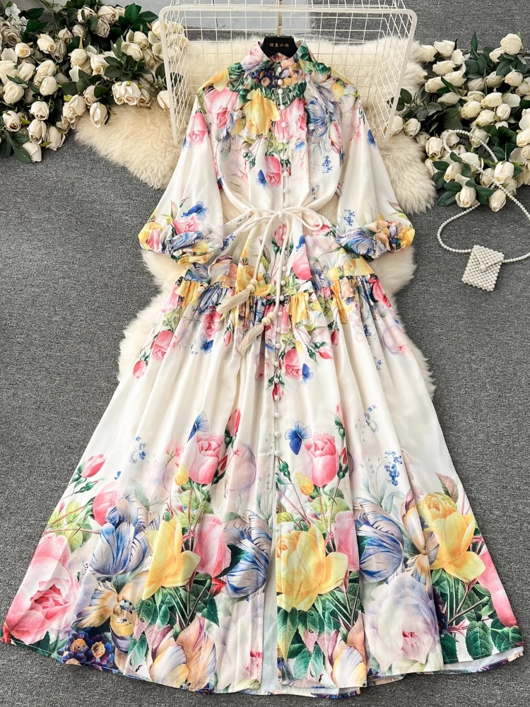 

Женское винтажное длинное платье, элегантное платье во французском стиле с воротником-стойкой, длинными рукавами-фонариками и цветочным принтом, весна-осень