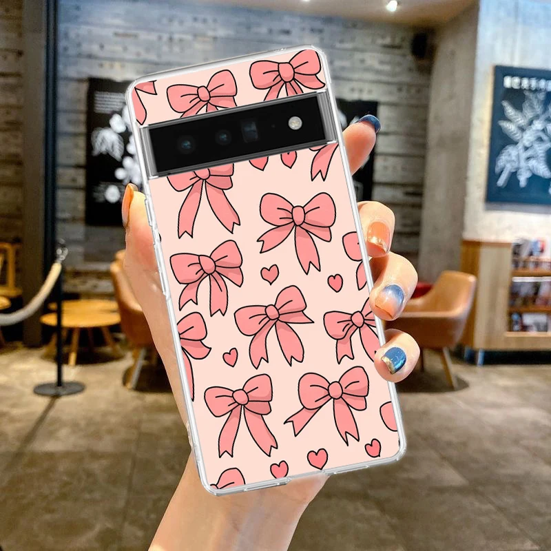 Elegant Soft Clear TPU Phone Case with Cute Pink Heart and Bow Design