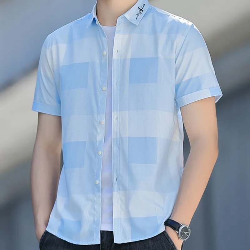 Summer Men Short-sleeved Shirt Korean Version Slim Fashion Handsome Casual Plaid Shirt High Quality Top