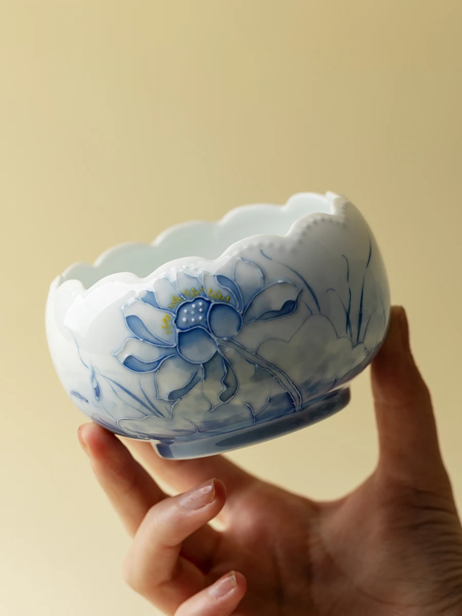창의적인 세라믹 차 쓰레기통 여성 개인용 다도 용품 블루 로터스 반사형 징수이 일상용 홈 데코