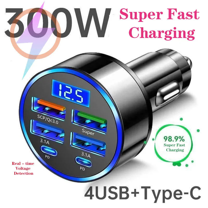 300W 6포트 차량용 충전기 고속 충전 PD/QC/SCP/FCP/AFC/PSS..