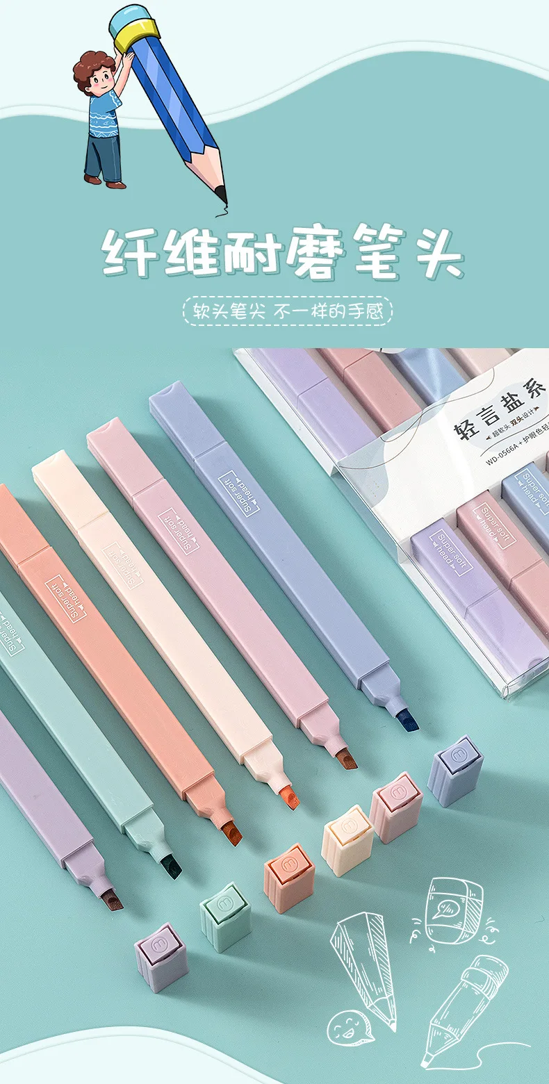 QingY-6 Pieces Kawaii Pens Cute Candy Color Highlighters Manga Marker Pens  Pastel Midliner Stationery for Students 