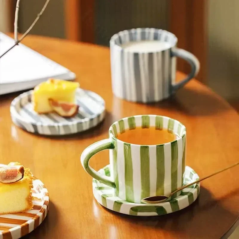 Nordic Ceramic Plate Striped Creative Western Food Dinner Dishes Plates Breakfast Dishe Dessert Plate Coffee Tableware Mug Set