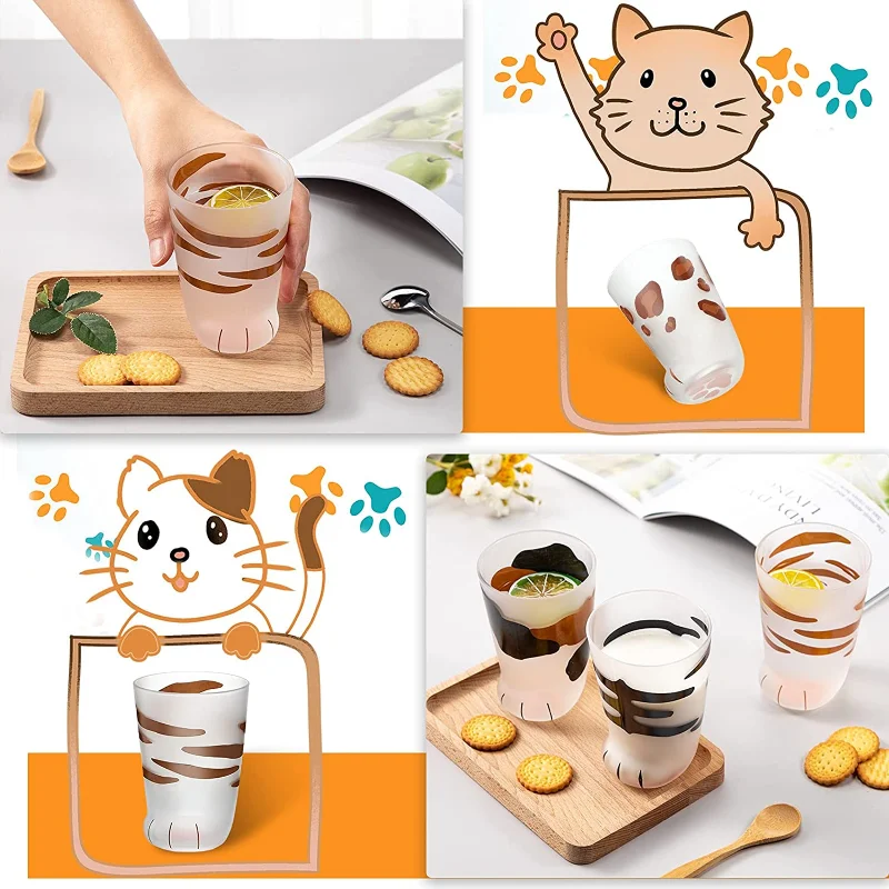 300ml Cute Cat Paw Glass Cup Frosted Print Cat Foot Coffee Mug Household Kawaii Milk Bubble Tea Cups Glasses for Water Juices