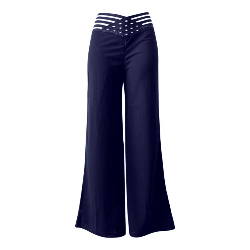 Hollow Design Pants Elegant Wide Leg Trousers for Women Stylish Office Lady Pants with Hollow Design High Waistband Elastic