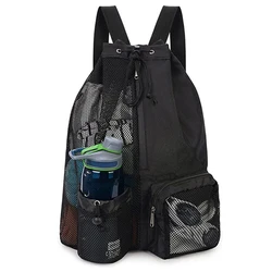 Mesh Drawstring Backpack with Wet Pocket for Swimming, Gym, and Beach Essentials (Black)