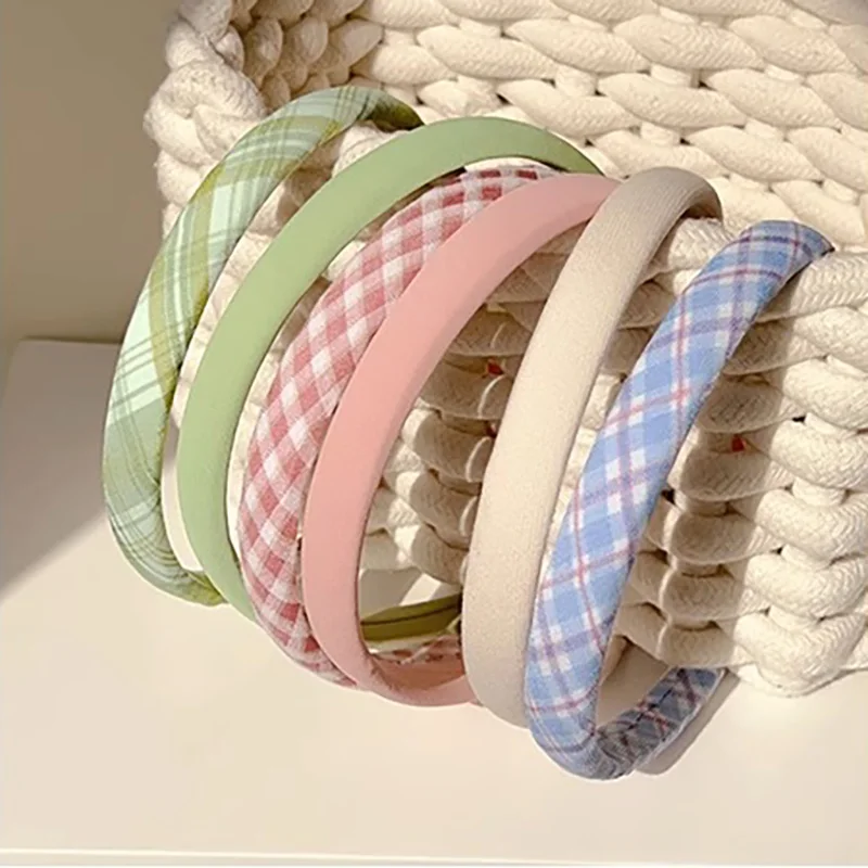 2PCS Spring & Summer Sweet Versatile Solid & Plaid Fabric Padded High-Crown Women’s Thin Headband 1