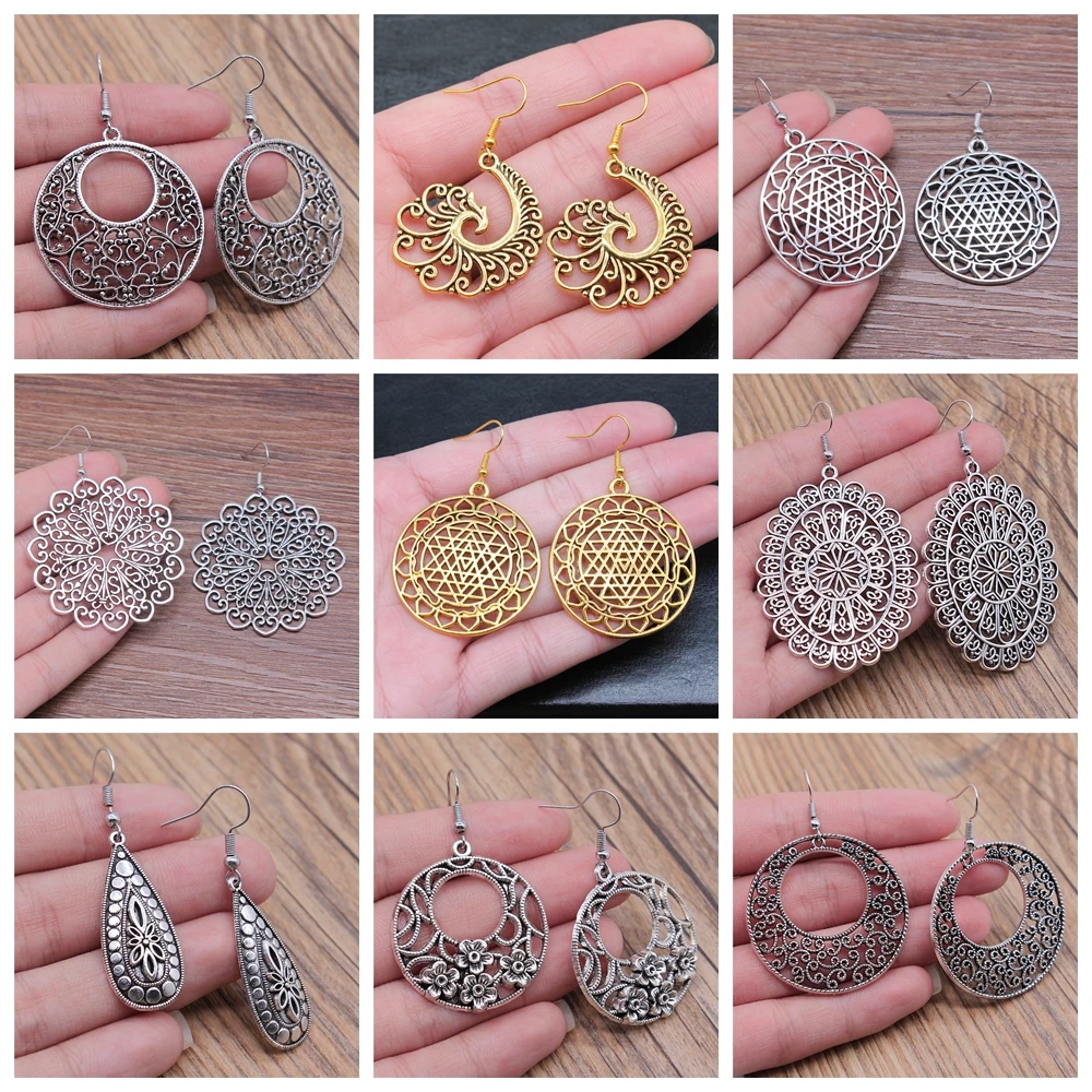 38 Styles Women Ethnic Style Jewelry Earrings Bohemia Carved Round Oval Waterdrop Flower Pattern Dangle Earrings Drop Earrings