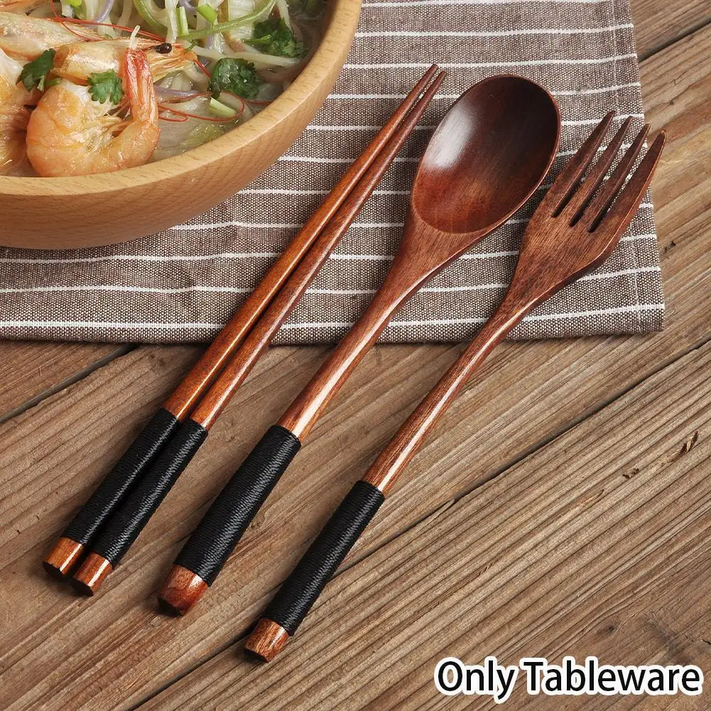 3PCS Set Wooden Tableware Fork Spoon Chopsticks Wood Portable Long Handle Spoon Chopsticks Tableware Korean Chopsticks