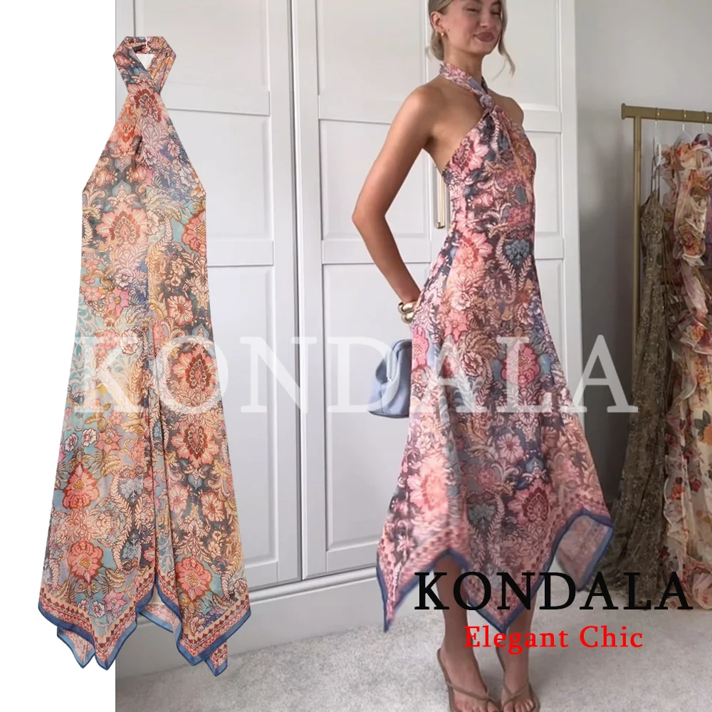 KONDALA Damen Trendiges Strandkleid mit Print, Neckholder, rückenfrei, ärmellos, langes Kleid, neue Mode 2026 Frühling Sommer Urlaub Süßes Kleid