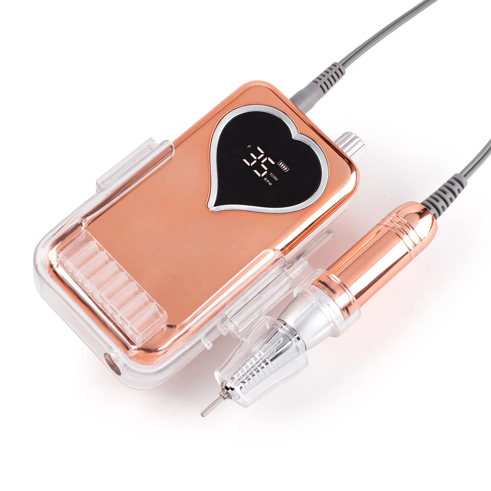 Pro Nail Drill Machine 35000 RPM Portable Electric Nail File Rechargeable Manicure Machine Set Kit Metallic Gold with Base Use 4