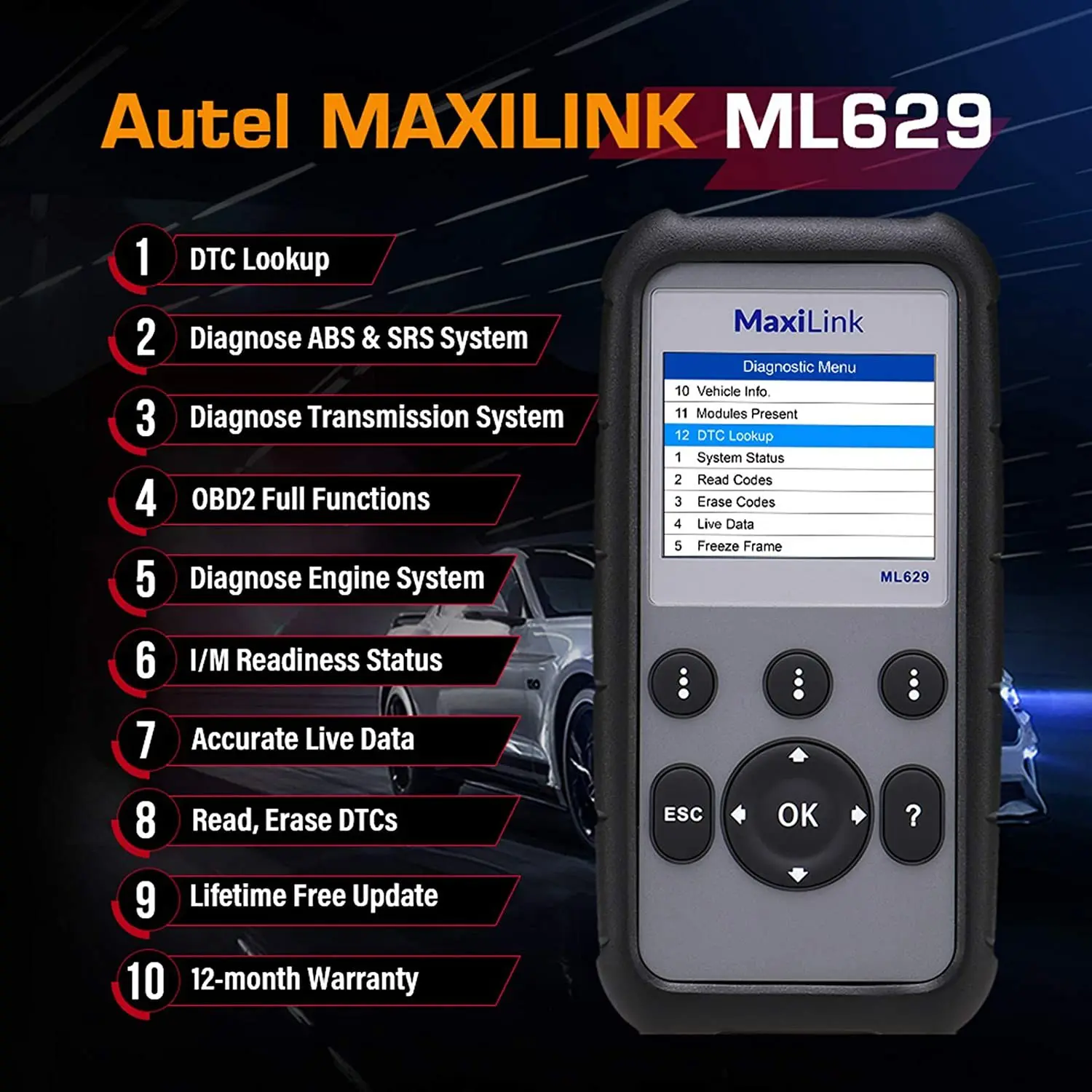 

Autel MaxiLink ML629 OBD2 Scanner car Code Reader Multi Languages Car Diagnostic Tool Engine check ABS SRS Transmission