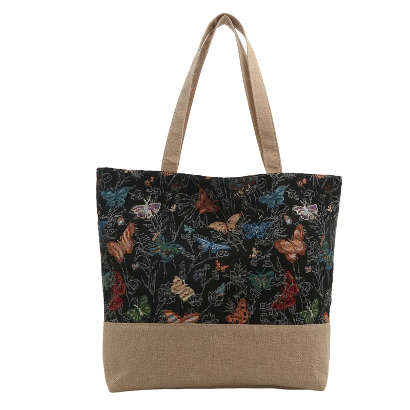 

Женская хлопково-Льняная модная сумка через плечо с застежкой-молнией, простая сумка-тоут, модная дорожная сумка с бабочкой/цветочным рисунком, уличная дорожная сумка