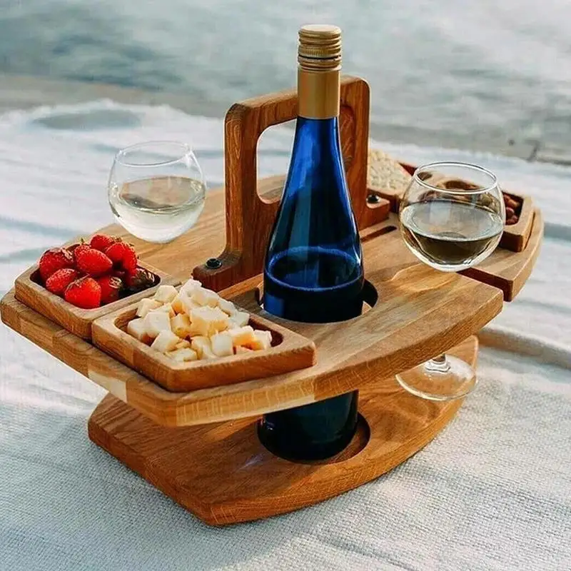 Tavolo Da Picnic Pieghevole In Legno Di Acacia, Vassoio Portavino Con Tagliere Per Salumi E 4 Bicchieri, Ideale Per Campeggio E Regali