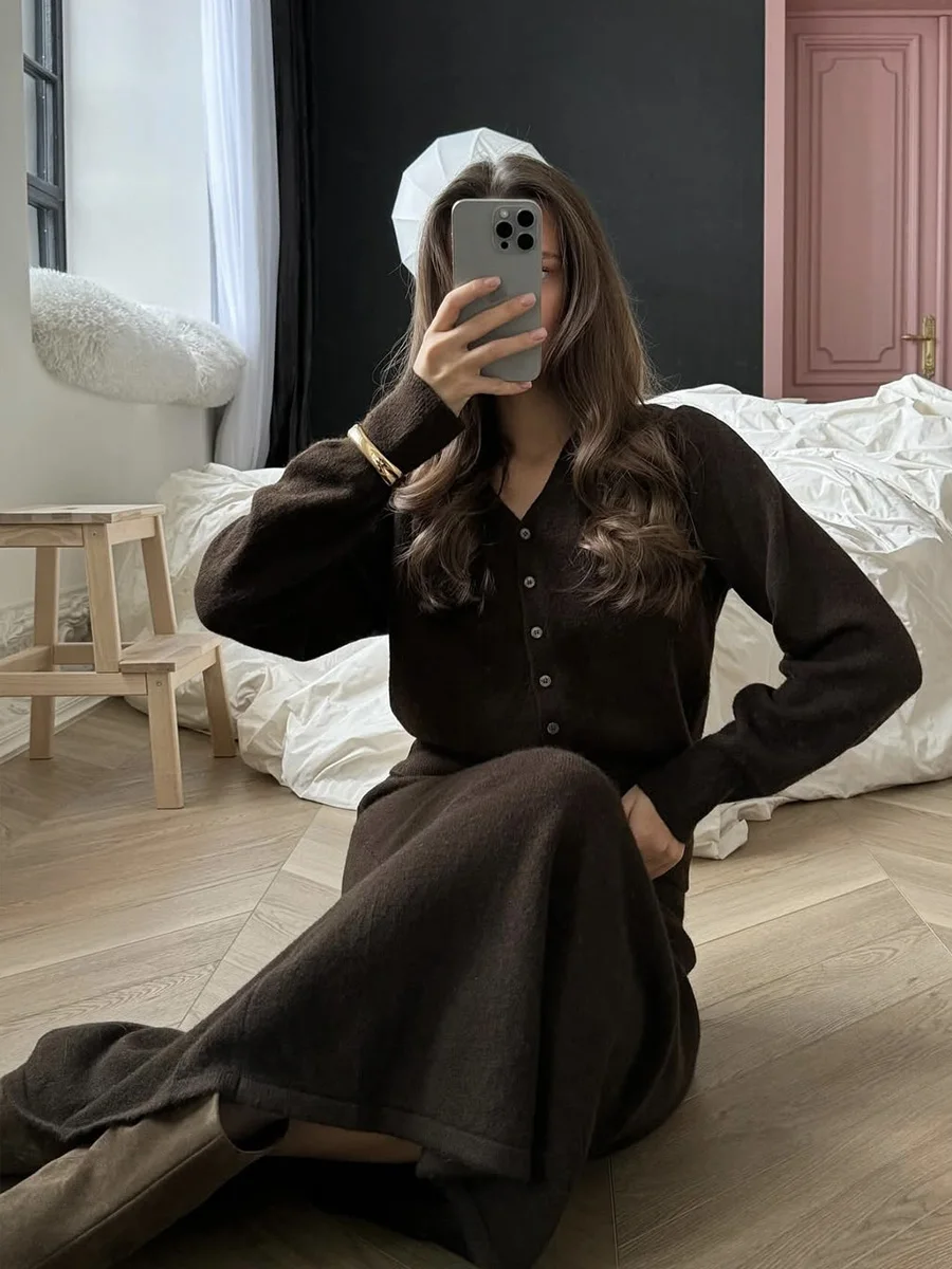 Hirsionsan Sexy Soft Elegant Vintage Women Suits 2 Pieces Female Sets Polo Neck Cardigan Sweater & Midi Dress Knitted TrackSuit Image 40
