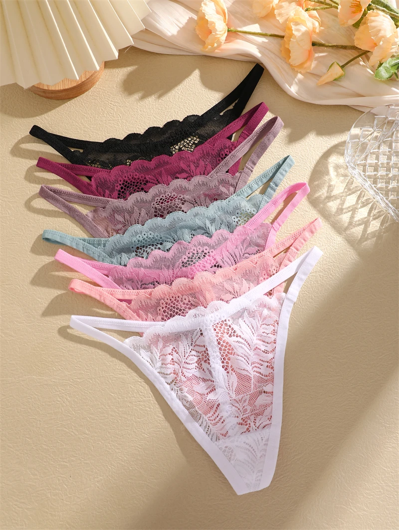 5Pcs hollow out leaf print thongs transparent women's panties sexy lace G string solid thin low waist lingerie women panties female underwear womens underwear