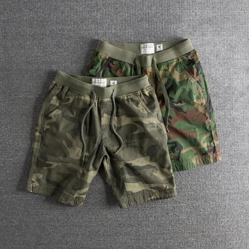 Men's Summer Casual Shorts Retro Style Washed Cotton Shorts Camouflage Outdoor Shorts Loose Beach Shorts