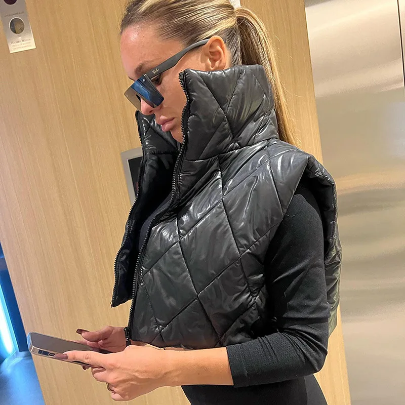 Fashion High Collar Cotton Vest Women 2023 Autumn Winter New Sleeveless Zipper Overcoat Loose Drawstring Short Jacket Waistcoat