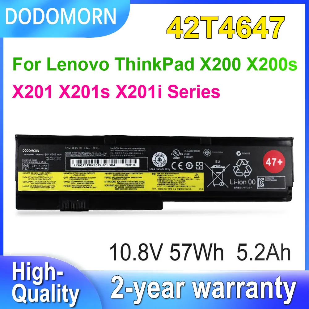 

Аккумулятор DODOMORN 42T4647 для ноутбука Lenovo ThinkPad X200 X200s X201 X201s X201i 42T4537 42T4646 42T4648 42T4649 47 + 10,8 В 57Wh