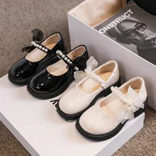 

Girls Leather Shoes 2022 Spring New Pearls Lace Butterfly-knot Big Children Fashion Performance Mary Janes Princess Dress Shoes