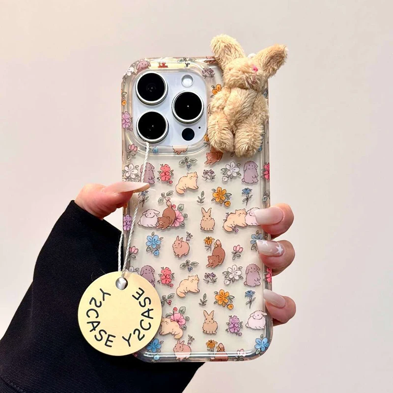 3D Plush Rabbit Cartoon Transparent Soft Phone Case